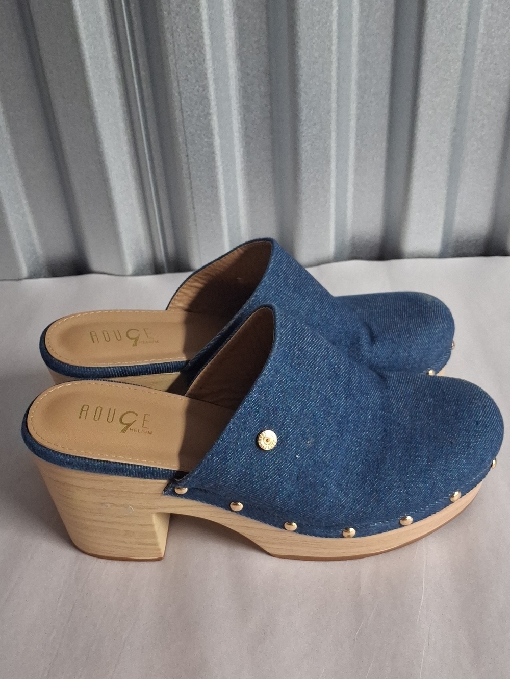 Rouge Helium Denim Studded Clog Heels in Blue